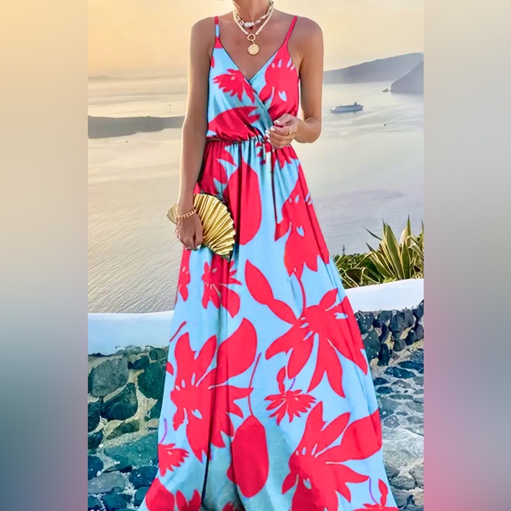 Floral Maxi Dress in Red and Blue